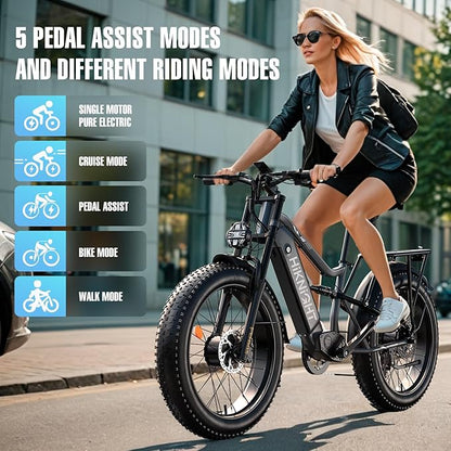 Electric Bike for Adult, 52V 20Ah Peak 3000W Dual Motor 26" Fat Tire Ebike, Max 38Mph & 35-90 Miles Full Suspension, Mountain E Bicycle for Men