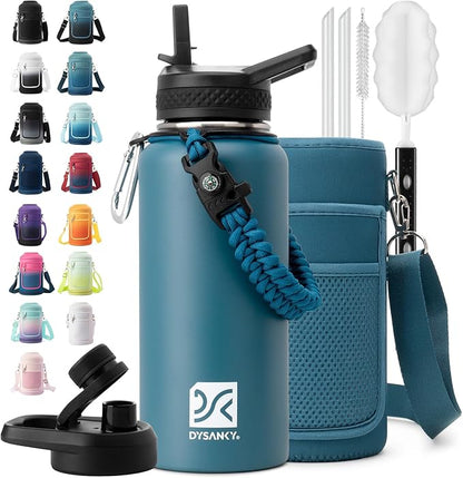 Insulated Water Bottle | Thickened Stainless Steel Vacuum Metal | Portable Sports Water Jug for Gym and Hiking with Straw, Carrier Bag, Handle Strap | BPA-Free 32 oz