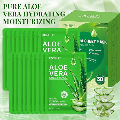 30 Pack Aloe Vera Hydrating Face Masks Skincare, Moisturizing & Soothing Sheet Face Mask for Skin Care, Bulk Aloe Face Masks for After Sun Care and Sunburn Relief
