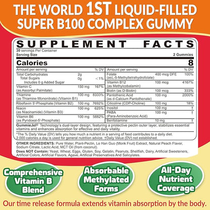 2 Pack Vitamin B Complex Gummies for Women & Men, All B Vitamins - Methyl B12, MTHF Folate, B1, B2, B3, B5, B6, Biotin w/ Vitamin C, Choline, Inositol, PABA for Energy, Brain & Immunity, Sugar Free