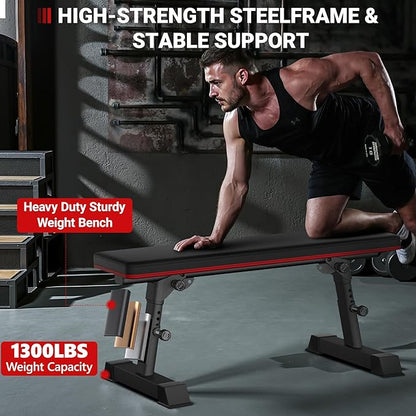 Flat Weight Bench - Heavy Duty Foldable Workout Bench for Home Gym, 1300lb Capacity Adjustable Strength Training Bench Press for Ab and Full Body Exercises, Sturdy and Easy to Fold