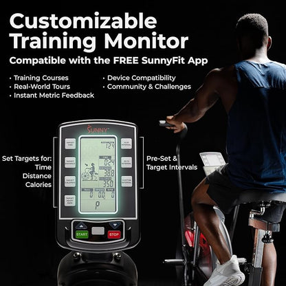 Sunny Health & Fitness Premium Smart Cross-Training Fan Bike, Air Resistance Cardio Machine w/330lb Capacity for Intensive Home Workout, Customizable Monitor w/Free SunnyFit App Connection-SF-B223018