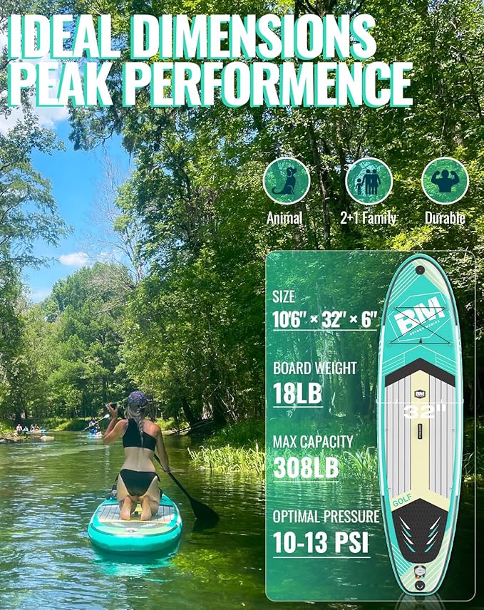 BM Paddle Board Inflatable Stand Up Paddle Board, SUP Paddleboard for Adult, Premium Accessories | Non-Slip EVA Deck & Foam Handles, Camera Mount, Double Action Pump, 85L Travel Backpack