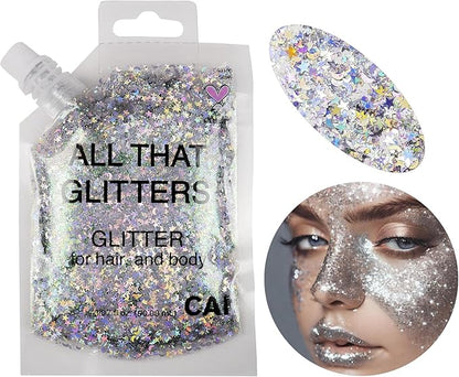 Hair Glitter Gel – Body Glitter for Kids and Women – Iridescent Cosmetic-Grade Gel w/Moon & Stars for Hair, Body & Face, Applies Smoothly w/o Glue & Washes Off Easily, 3 Oz - Purple/Silver 2Pack