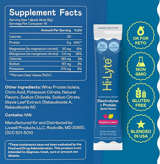 Hi-Lyte Nutritional Boost - Electrolytes + Protein Quick Sticks - Raspberry Lemon - Hydration + Whey Protein Powder Packets - 5g Protein, Electrolytes, No Sugar, Keto Friendly