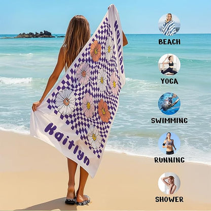 JML Personalized Beach Towel with Name, Custom Flower Beach Towel, Customized Microfiber Pool Towel, Quick Dry & Absorbent Swim Towel for Adult,Anniversary, Birthday, Summer Holiday,Vacation
