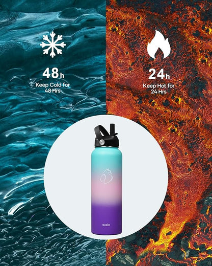 BUZIO 40oz Insulated Water Bottle, Stainless Steel Double Wall Water Flask (Cold for 48 Hrs) Leak Proof Sports Bottles Jug with Straw Lid and Flex Cap Metal Canteen for Gym Travel Camping, Hydrangea