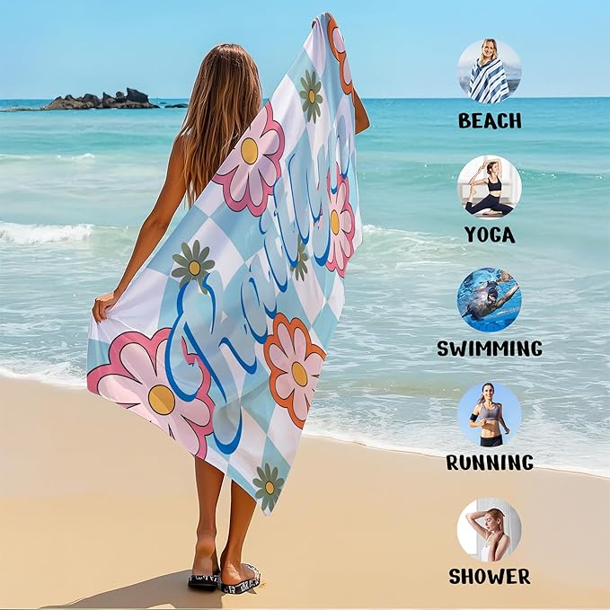JML Personalized Beach Towel with Name, Custom Flower Beach Towel, Customized Microfiber Pool Towel, Quick Dry & Absorbent Swim Towel for Adult,Anniversary, Birthday, Summer Holiday,Vacation