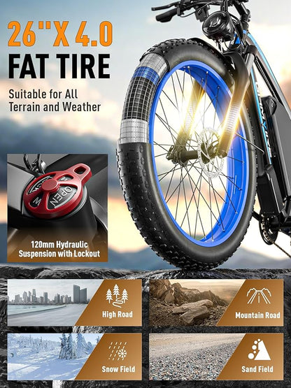 Ebike for Adults Electric, 52V 19.2Ah/32Ah, Peak 2000W/2500W E-Bike, 36/40MPH, 70 Miles/100Miles Long Range, Hydraulic Disc Brake, Off Road Snow Mountain E-Bike, 24"/26" Fat Tire Fast Electric Bicycle