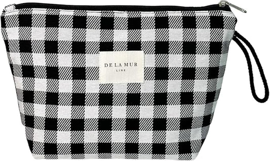 Large Checkered Travel Makeup Bag for Women – Black & White Cosmetic Organizer for Toiletries, Skincare & Beauty – Durable Travel Size Toiletry Pouch – Made in Barcelona, Spain