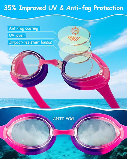Kids Swim Goggles, Anti-fog and UV Protection with Swim Cap for Age 3-15 Youth Boys Girls Toddler