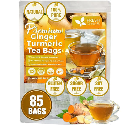 FreshDrinkUS, Premium 85 Ginger Turmeric Tea Bags, 100% Natural Ingredients, Hand-made Blend of Ginger and Turmeric Herbal Tea, Eco-conscious Tea Bags. No Sugar, No Caffeine, No Gluten, Vegan.