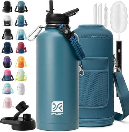 Insulated Water Bottle | Thickened Stainless Steel for Gym and Hiking with Straw, Carrier Bag, Handle Strap | BPA-Free 87 oz