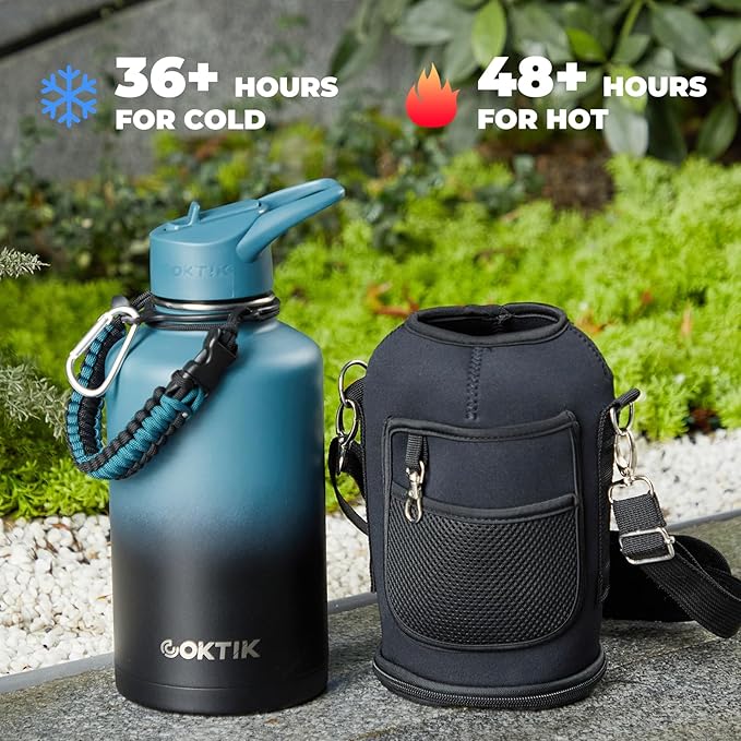 Half Gallon Insulated Water Bottle, 64 oz Triple Wall Stainless Steel Flask, Cold for 48 Hrs Leak-Proof & BPA-Free Jug with Paracord Handle, Straw & Spout Lids(2 pack,Mix Color)
