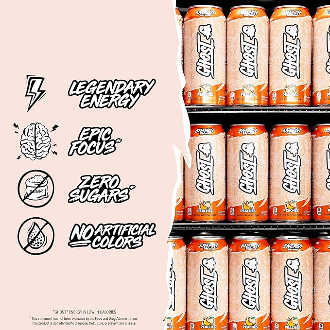 GHOST Energy Drink - 12-Pack, Peaches, 16oz - Energy & Focus & No Artificial Colors - 200mg of Natural Caffeine, L-Carnitine & Taurine - Gluten-Free & Vegan