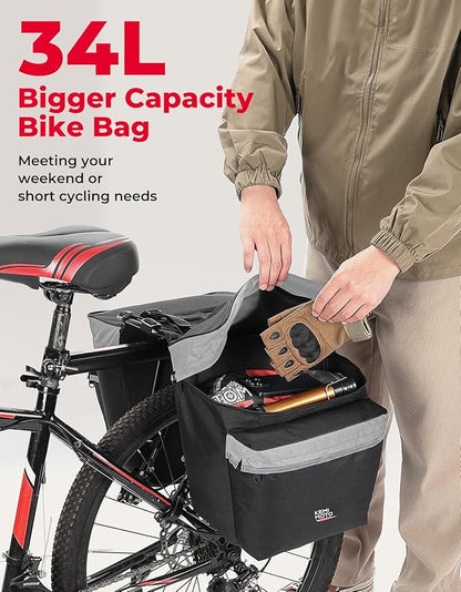 KEMIMOTO Bike Bag Panniers with Rain Cover, 34L Waterproof Bicycle Saddle Bag for Rear Rack Mountain Biking Bags Storage, Ebike Accessories for Commuter Grocery Shopping Travel Carrier, Grey