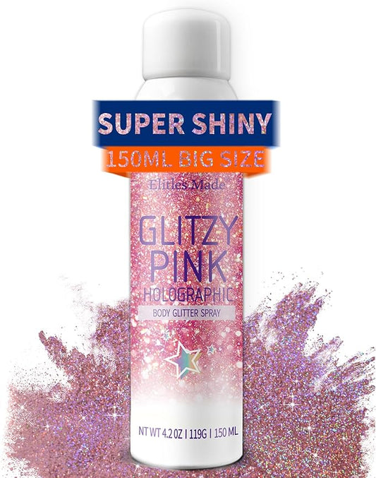 Hair Glitter Body Glitter Spray, 150ML Glitter Hairapray Holographic Pink Glitter Spray for Hair and Boday, Hair Glitter for Kids Women, Body Shimmer Festival Rave and Makeup 4.2 Fl Oz