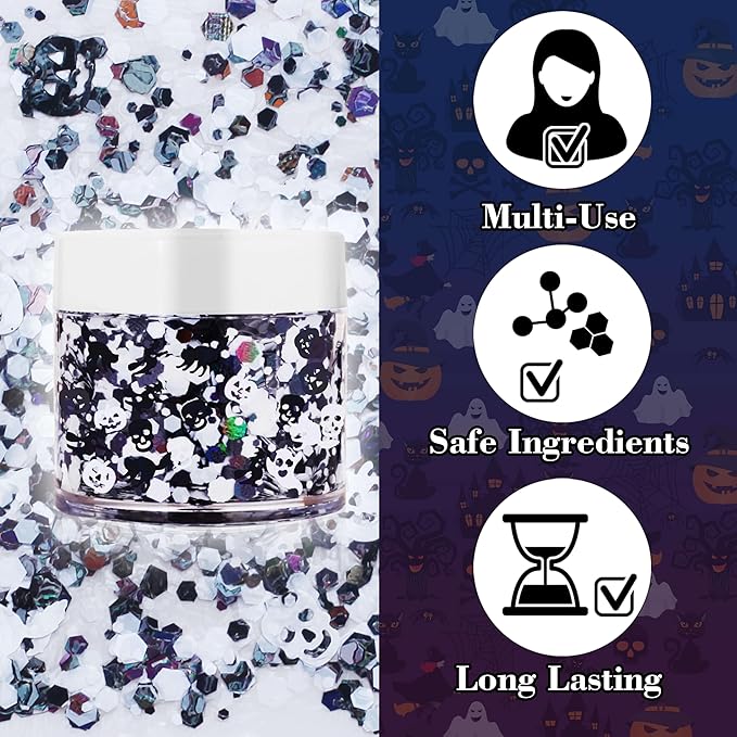 Halloween Body Glitter Gel,Black White Skull Pumpkin Professional Vibrant Music Festival Party Rave Accessories,Sparking Chunky Face Glitter Paint Makeup for Women and Kids