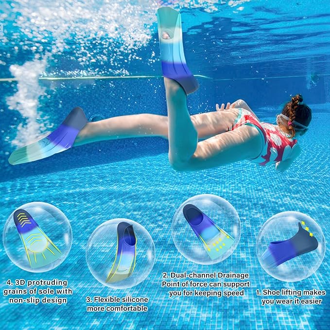 Gintenco Swim Fins, Kids Swim Training Fins for Lap Swimming, Travel Size Flippers with Mesh Bag, Silicone Swimming Fins for Kids Teens Adults Women Men