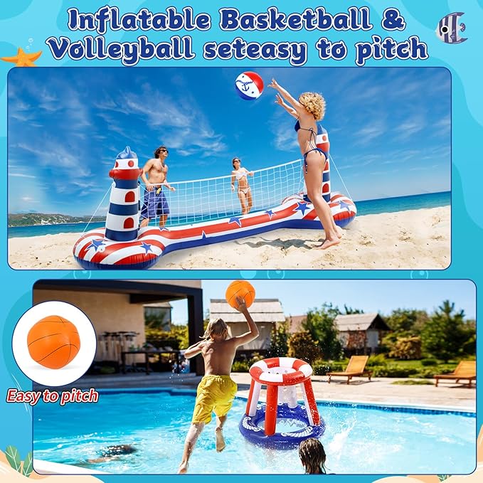 EagleStone Inflatable Pool Float Set with Volleyball Net & Basketball Hoop,2-in-1 Floating Water Games for Kids Adults, Backyard Beach Summer Toys, Heavy-Duty PVC Family Pool Party Essentials