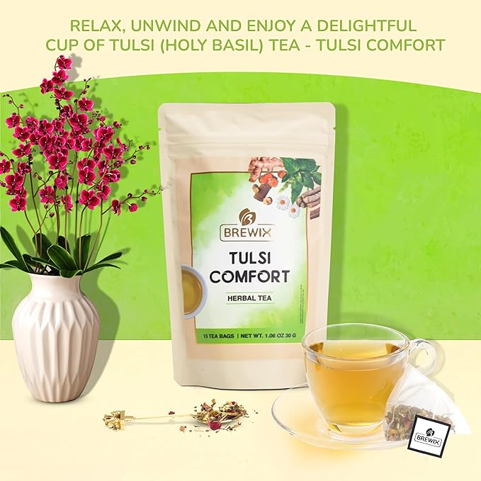 BREWIX Holy Basil Tea Bags (15 Pyramid Tea Bags) | Tee With Tulsi Leaves and Chamomile | Caffeine Free, Calming Herbal Tea With Fresh and Cool Flavor