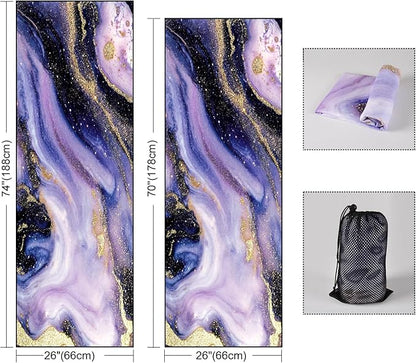 QIYI Large Yoga Mat Towel with Corner Pockets, Non Slip Sweat Absorbent Hot Yoga Towels, Soft Yoga Blankets with Travel Bag, Skidless Mat Cover for Workout, Gym, Fitness - 74"x26", Purple & Pink Grain