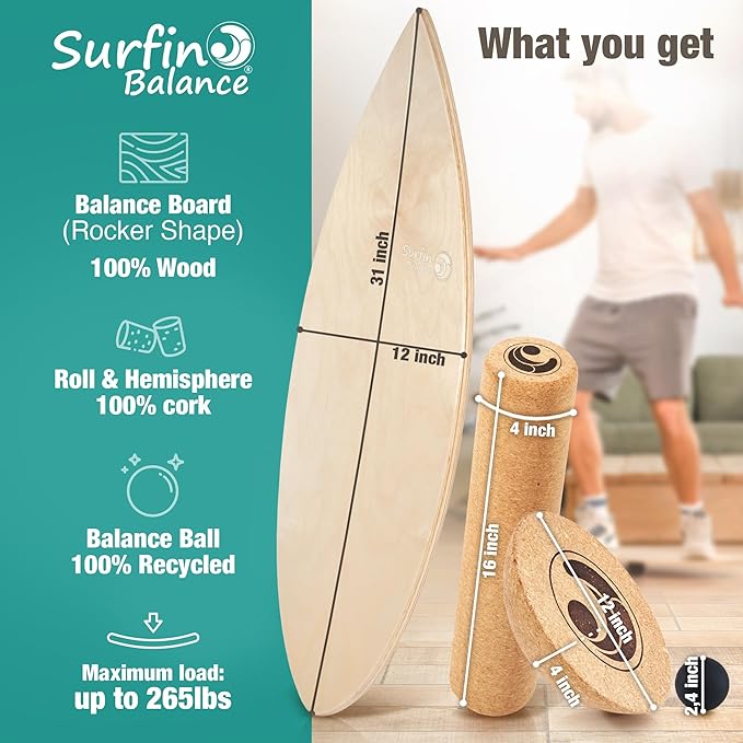 Board - unique board incl. corc roller, corc hemisphere and balance ball - surf balance board - balance training - balance board kids - balance board wood