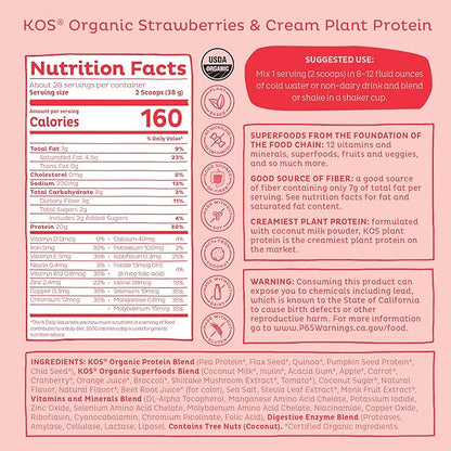 KOS Organic Plant Based Protein Powder - Strawberries & Cream - 28 Serving