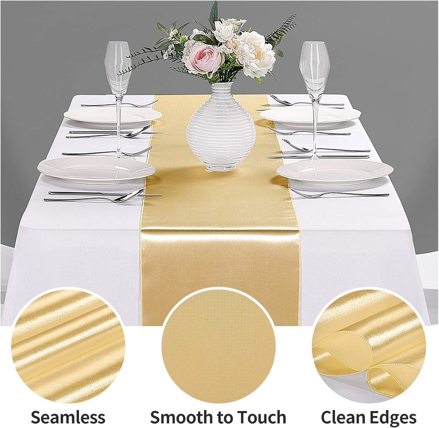 10-Pack Satin Table Runner Light Gold 12 x 108 inches Long, Table Runners for Wedding, Birthday Parties, Banquets Decorations（10 Pack, 12x108 Inch, Light Gold）