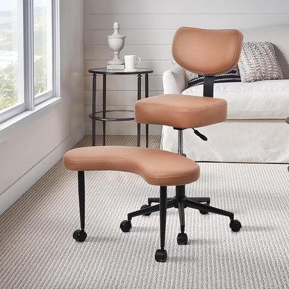 Meditation Chair Cross Legged ADHD Office Chair for Adults with Wheels Ergonomic Back Support and Leg Rest for Multi Position Criss Cross Sitting Kneeling and Yoga Height Adjustable, Leather Style