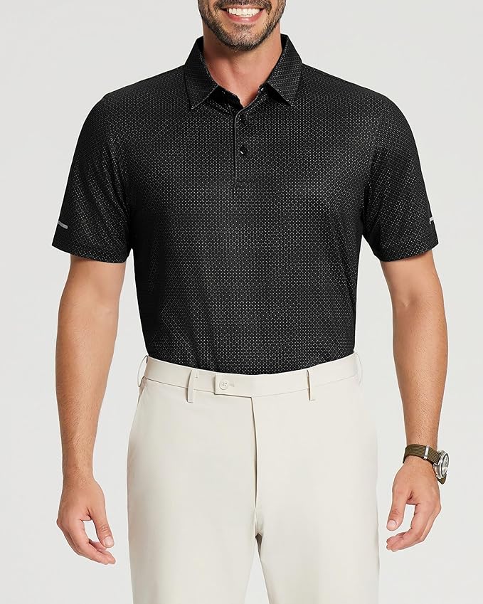 Golf Shirts for Men - Moisture Wicking Short Sleeve Performance Sport Casual Striped Collared Mens Polo Shirt