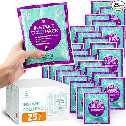 Instant Ice Cold Pack (6” x 5”) - 25 Packs Disposable Instant Ice Packs for Injuries | Cold Compress Ice Pack for Pain Relief, Swelling, First Aid, Toothache, & Outdoor Activities -Subscribe & Save