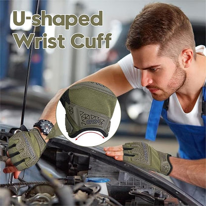 HANDLANDY Tactical Fingerless Impact Gloves for Men, Padded Grip Half Finger Work Gloves, Utility Trucker Driver Gloves (Army Green, Medium (Pack of 1))