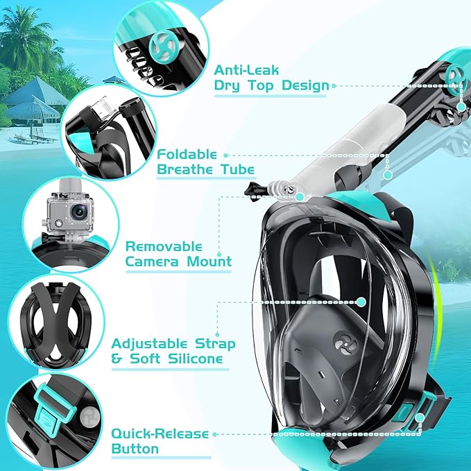 Full Face Snorkel Mask, Snorkeling Gear for Adults Men and Women, 180 Degrees Panoramic View Snorkel Set Anti-Fog Anti-Leak, Dry Top System and Travel Bag for Swimming, Snorkeling