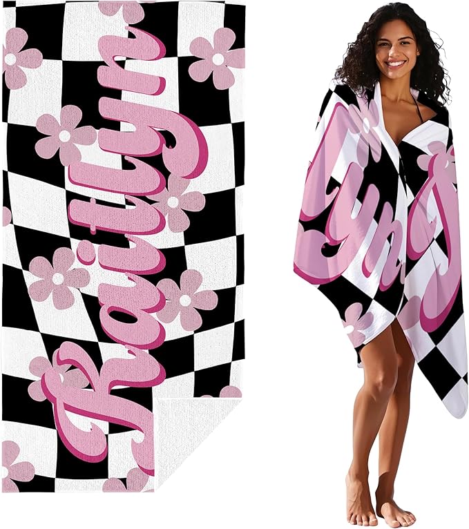 JML Personalized Beach Towel with Name, Custom Flower Beach Towel, Customized Microfiber Pool Towel, Quick Dry & Absorbent Swim Towel for Adult,Mother's Day, Birthday, Summer Holiday,Vacation