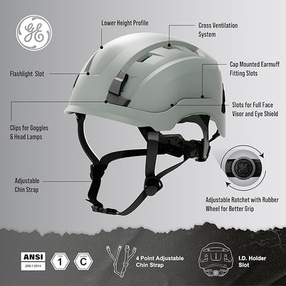GE Safety Helmet, Impact Absorbing Tech, Adjustable Ratchet, ANSI Type 1, Memory Foam Padding, Hard Hats Protection, Lightweight, Durable, Chin Strap, Comfortable Fit OSHA Approved