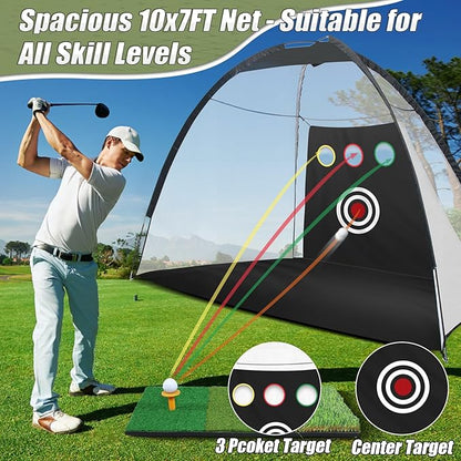 10x7FT Golf Practice Net for Backyard Indoor Outdoor Training, Golf Hitting Net with 3-Color Turf Mat, 5 Golf Balls and Tee, Perfect for Driving, Chipping and Swing Practice