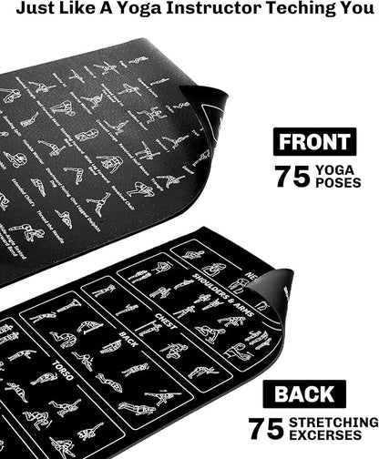 Instructional Travel Yoga Mat with 75 Poses & Exercises - Non-slip Exercise Mat for Home Workout, Includes Carrying Bag - Perfect for Beginners, 68"x24"x0.25"