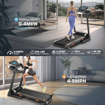 Treadmill with 15% Auto Incline, FUNMILY 3.25HP Heavy Duty Treadmill for Home, 300 lb Weight Capacity Folding Running Machine, Smart App Control/Shock Absorption/Bluetooth Speaker/Large LED Display
