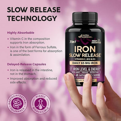 Iron Supplement for Women - Iron 65mg (Ferrous Sulfate 325mg) - Stomach Friendly | Slow Release Iron | High Absorption - Vitamins C, D3, B6, B12 & Folate - Iron Level & Energy Support - 60 Capsules