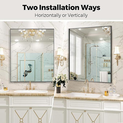 30x36 Inch Black Bathroom Mirror for Wall, Aluminum Frame Rectangle Rectangular Vanity Mirror, Modern Large for Bedroom, Living Room, Horizontal or Vertical