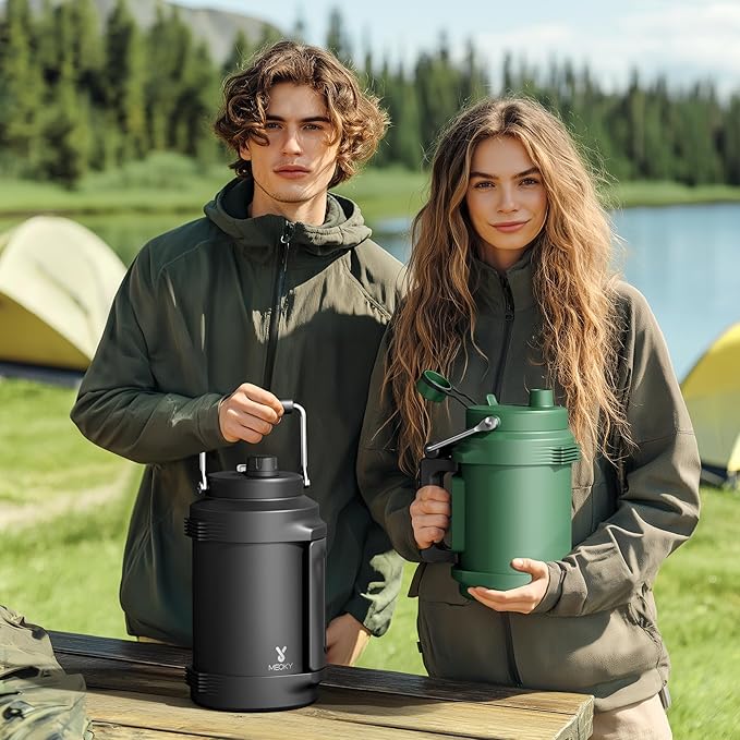 1 Gallon Insulated Water Bottle for Hiking: Meoky 128 oz Triple Wall Vacuum Stainless Steel Metal Water Jug - Top and Side Handles, Cold for 48 Hrs, 2-in-1 Straw and Spout Lid, Leakproof for Gym (Fir)