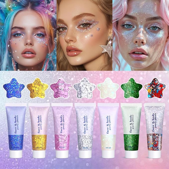 Body Face Glitter Makeup for Kids Women, Sparkly Chunky Hair Glitter, Mermaid Birthday Decorations Rave Outfits for Women (Mermaid Glitter)