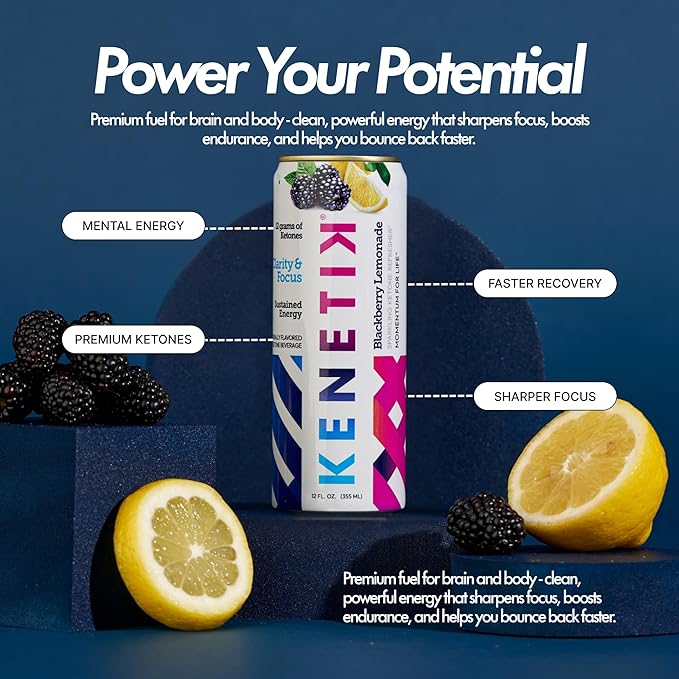 KENETIK Nootropic Ketone Drink, Ketones for Energy & Focus, Caffeine & Sugar Free, High Performance D-BHB Ketone Mix, Fuel w/Zero Crash or Jitters, Ready to Drink - Blackberry Lemonade 12 Pk