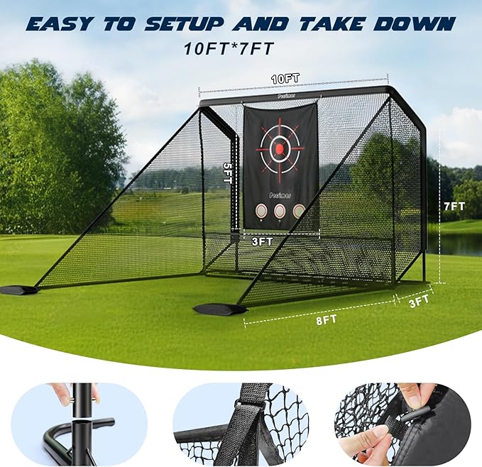 Golf Cage Practice Hitting Net,10x7ft Heavy Steel Frame with 2 Net Side Barriers,for Backyard Driving Chipping Swing Training, Home Range for Indoor& Outdoor.