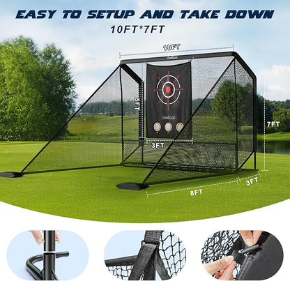 Golf Cage Practice Hitting Net,10x7ft Heavy Steel Frame with 2 Net Side Barriers,for Backyard Driving Chipping Swing Training, Home Range for Indoor& Outdoor.