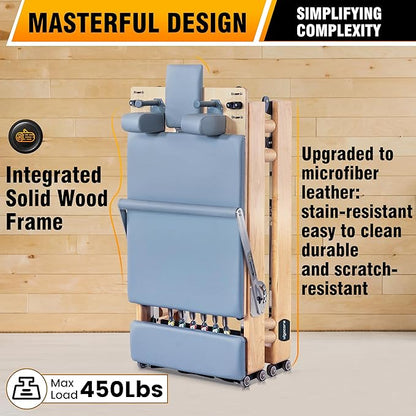 Foldable Wooden Pilates Reformer Machine with Ultra-Fiber Leather Seat, Oak Frame, Adjustable Resistance, Full-Size for Heights 4’ to 5’9”, Home and Studio Use, 480lbs Capacity