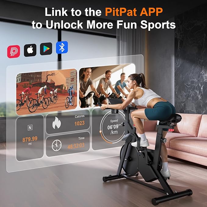 Stationary Bike, Spin Bike with 32 Levels of Adjustable Magnetic, Exercise Bike for Home with Exclusive App, Low Noise Indoor Bike, Cycling Bike with Comfortable Seat Cushion