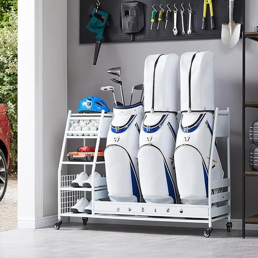 Lauren&Harold Golf Bag Organizer Garage Storage, Golf Storage Rack Stand Fits 2 Golf Bags, Golf Clubs and Other Golfing Equipment Accessories, Golf Organizer for Garage, Club, Shed, Basement