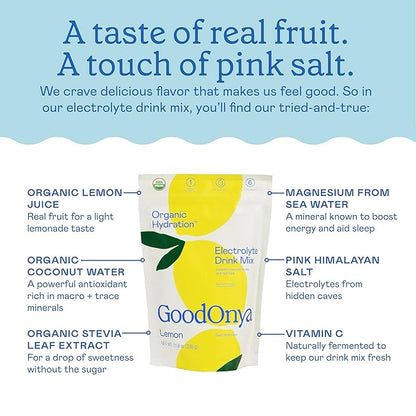 GOODONYA Organic Hydration Electrolyte Drink Mix, Certified Organic Hydration Powder, Non-GMO, Biochecked Glyphosate Free, Low Sugar, Lemonade Flavor, No Artificial Flavors, 42 Servings